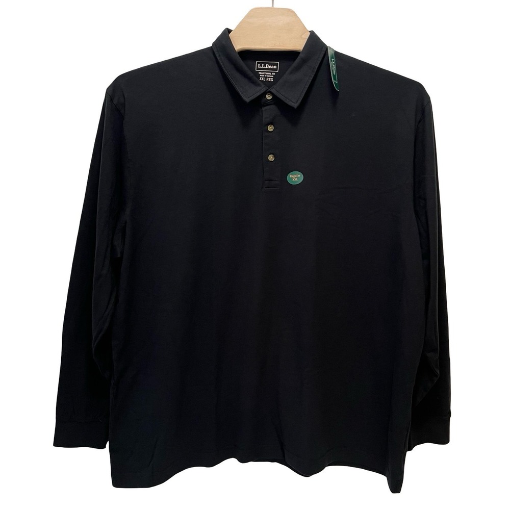 L.L.Bean Men's XXL Regular Black Long Sleeve Polo Shirt Traditional Fit NWT